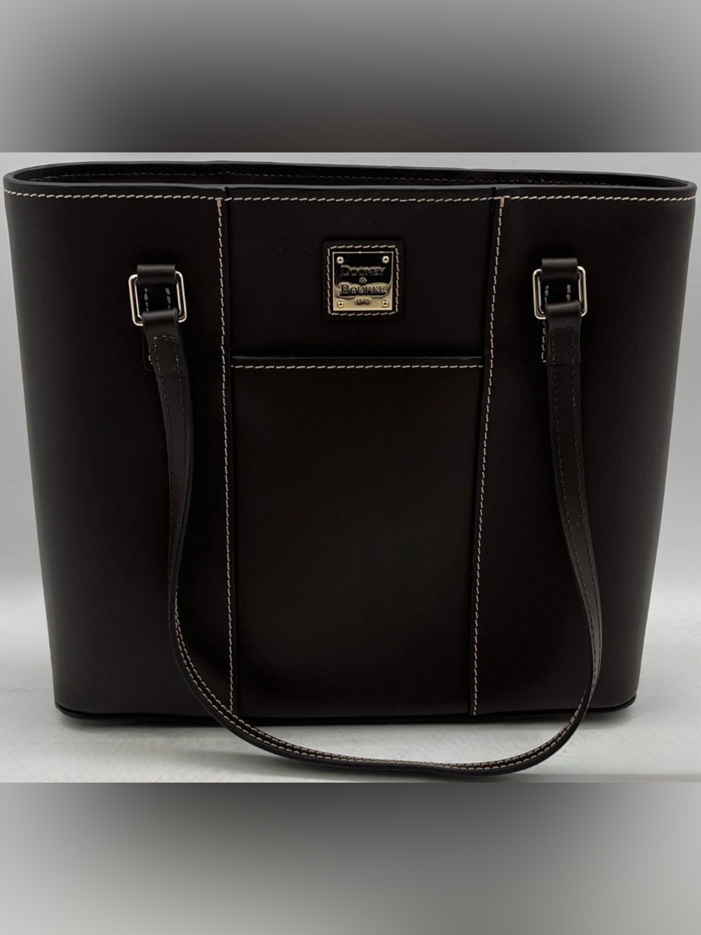 Dooney & Bourke Dark Brown Leather Structured Tote Shoulder Bag Contrast Stitch